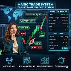 May include: An image promoting a "Magic Trade System" with a woman pointing at a trading chart. The chart shows green and red bars, with labels like "Take Profit," "Entry," and "Stop Loss." The image includes market analysis data and icons for auto signals and risk management.