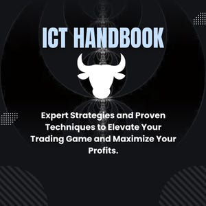 May include: A black graphic with the text "ICT HANDBOOK" in light blue. A white bull icon is centered below the text. The text "Expert Strategies and Proven Techniques to Elevate Your Trading Game and Maximize Your Profits" is below the bull icon.