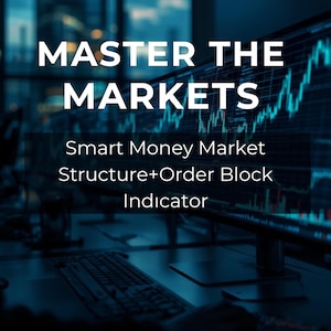 Może przedstawiać: Monitor komputera wyświetlający wykres giełdowy z napisem "MASTER THE MARKETS". Poniżej tekst brzmi "Smart Money Market Structure+Order Block Indicator". Obraz ma ciemnoniebieską i czarną kolorystykę.