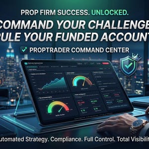 Könnte beinhalten: Ein digitales Tablet zeigt das PropTrader Command Center Dashboard mit Finanzdiagrammen, Anzeigen und Datenmetriken. Text: PROP FIRM SUCCESS. UNLOCKED. COMMAND YOUR CHALLENGE. RULE YOUR FUNDED ACCOUNT. PROPTRADER COMMAND CENTER. Automated Strategy. Compliance. Full Control. Total Visibility.