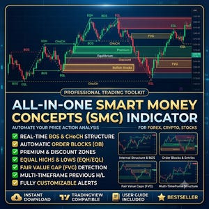Puede incluir: Un gráfico digital que muestra una herramienta de trading con gráficos, diagramas y análisis de datos financieros. La imagen incluye texto como "All-in-One Smart Money Concepts (SMC) Indicator" y funciones para Forex, Cripto y Acciones.