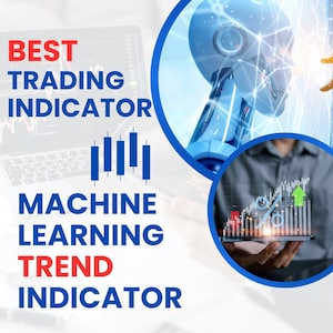 Puede incluir: Imagen que promociona un indicador de trading. El texto dice "MEJOR INDICADOR DE TRADING" e "INDICADOR DE TENDENCIA DE APRENDIZAJE AUTOMÁTICO". También se muestra un robot azul y una persona sosteniendo un teléfono con un gráfico de bolsa.