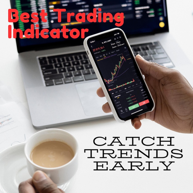 May include: A person is using a smartphone to view a stock chart. The chart shows a line graph with green and red lines. The phone screen displays the text "Best Trading Indicator" and "Catch Trends Early".