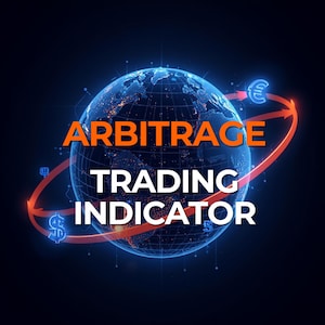May include: A digital illustration featuring a glowing blue globe with continents highlighted. The words "ARBITRAGE TRADING INDICATOR" are in orange and white text. Currency symbols and a red arrow encircle the globe against a dark blue background.