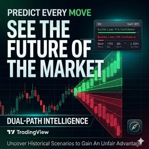 May include: A promotional graphic with the text "PREDICT EVERY MOVE SEE THE FUTURE OF THE MARKET." It features a stock chart with green and red lines, and the TradingView logo. The text "DUAL-PATH INTELLIGENCE" is also present.
