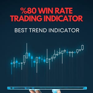 Peut inclure: Un écran numérique avec le texte "%80 WIN RATE TRADING INDICATOR" en rouge et "BEST TREND INDICATOR" en blanc. Un graphique boursier bleu et blanc est affiché à l'écran.