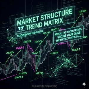 Pode incluir: Gráfico digital mostrando análise de mercado com o texto "MARKET STRUCTURE TREND MATRIX" e "TRADINGVIEW INDICATOR". A imagem apresenta gráficos, pontos de dados e a frase "REVEAL THE HIDDEN TRENDS, SECURE YOUR GAINS. THE MATRIX UNVEILS ALL."