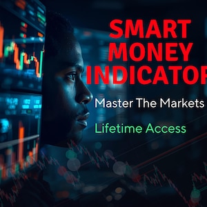 以下が含まれることがあります： 金融チャートを背景に、男性の横顔が描かれた画像です。「SMART MONEY INDICATOR」という赤い文字と、「Master The Markets」と「Lifetime Access」という白と緑の文字が配置されています。