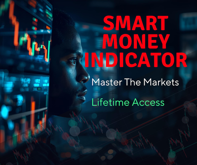 May include: Image features a man's profile with a backdrop of financial data charts. Bold red text reads "SMART MONEY INDICATOR" with the tagline "Master The Markets" and "Lifetime Access" in green.