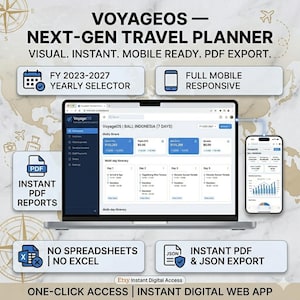 Op de afbeelding: Een digitale reisplanner, VoyageOS, wordt getoond op een laptop en smartphone, met een meerdaagse reisroute voor Bali, Indonesië. De afbeelding benadrukt functies zoals directe PDF-rapporten, jaarlijkse selector en mobiele responsiviteit. Tekst bevat "Next-Gen Travel Planner."