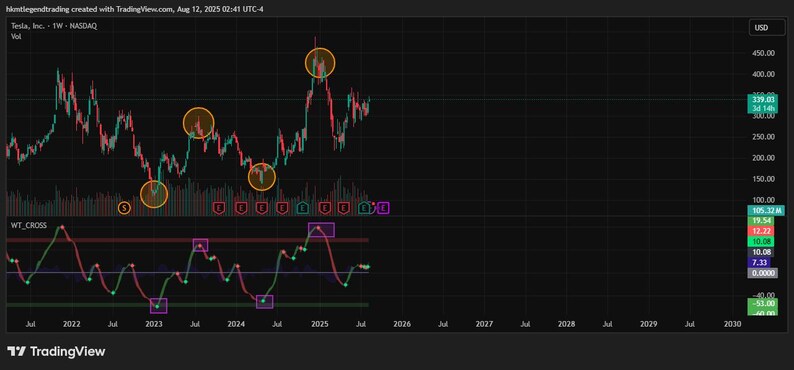 以下が含まれることがあります： NASDAQのTesla, Inc. (TSLA)の暗いテーマの株式チャート。価格変動とテクニカル指標が表示されています。チャートは2022年から2030年までで、主要なポイントは円と四角で強調表示されています。価格はUSDで測定されます。