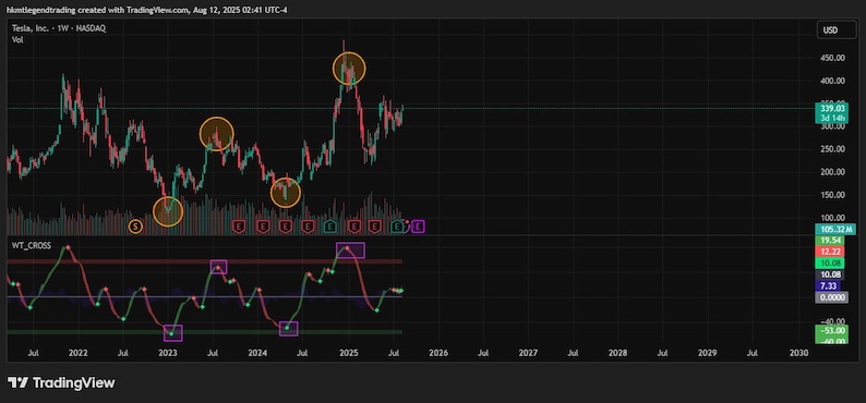 以下が含まれることがあります： NASDAQのTesla, Inc. (TSLA)の暗いテーマの株式チャート。価格変動とテクニカル指標が表示されています。チャートは2022年から2030年までで、主要なポイントは円と四角で強調表示されています。価格はUSDで測定されます。