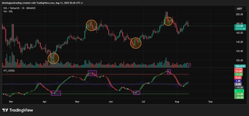 以下が含まれることがあります： TradingViewの暗いテーマの金融チャートで、SOL/TetherUSのデータを表示しています。チャートは、赤と緑のバーで価格変動を示し、テクニカル指標も表示しています。チャートには「WT_CROSS」と「BINANCE」の文字が含まれています。