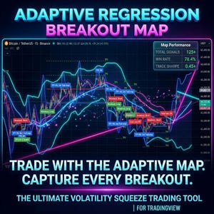 Peut inclure: Un graphique financier numérique intitulé ADAPTIVE REGRESSION BREAKOUT MAP affichant les tendances du Bitcoin avec des lignes bleu néon et rose, des étiquettes de signaux et un encadré de performance indiquant 125+ signaux et 78,4% de taux.