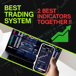Puede incluir: Un portátil y un smartphone que muestran gráficos financieros, con el texto "BEST TRADING SYSTEM" y "2 BEST INDICATORS TOGETHER !!". Una flecha verde ascendente sugiere crecimiento del mercado.