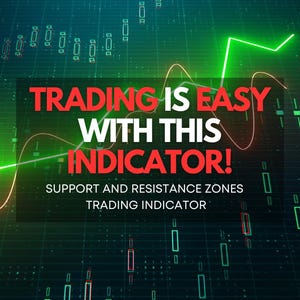 May include: A digital graphic with a dark green background and a grid pattern. The text "TRADING IS EASY WITH THIS INDICATOR!" is in red and white. Below, it reads "SUPPORT AND RESISTANCE ZONES TRADING INDICATOR". Green and orange lines overlay the background.
