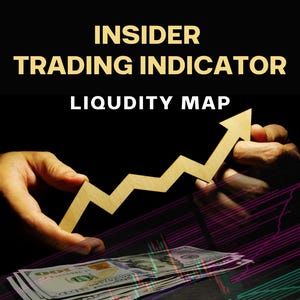 May include: The image shows the text "INSIDER TRADING INDICATOR LIQUIDITY MAP" in gold. A hand holds a gold arrow pointing upwards, with a stack of US dollar bills in the foreground. The background is black with a financial chart.