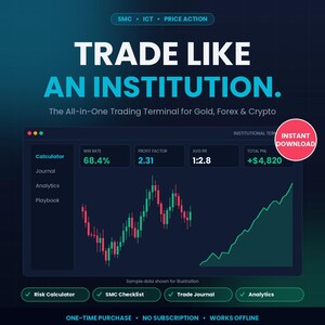 May include: A digital trading terminal interface featuring the text TRADE LIKE AN INSTITUTION. The dashboard displays a calculator, win rate of 68.4%, profit factor of 2.31, average risk-reward of 1:2.8, and a total PNL of +$4,820 with candlestick and line charts.