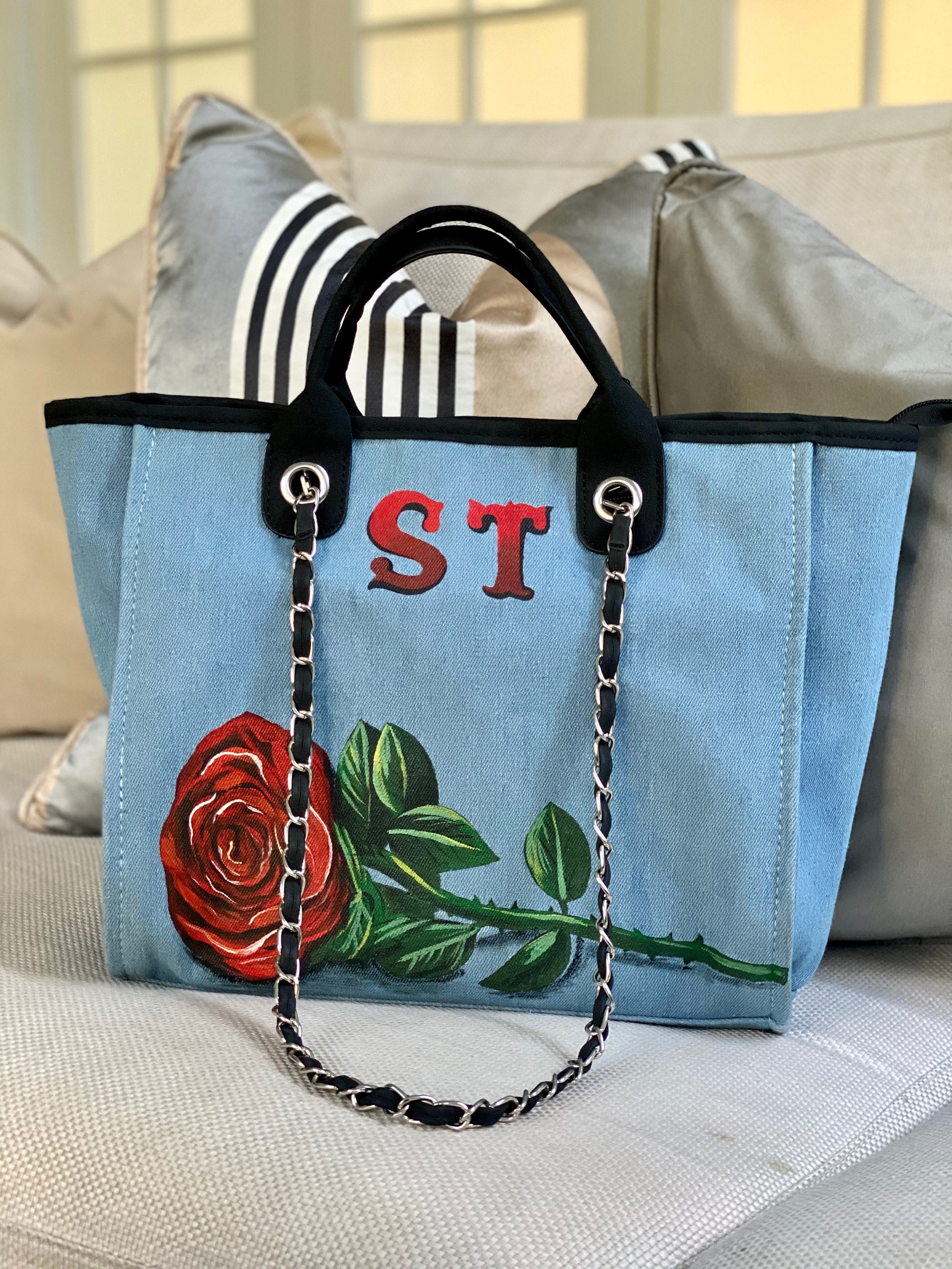 Hand-painted Personalised DENIM Tote Initials and Rose 