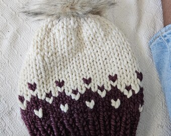 Purple Wool Blend Knit Beanie with Removable Faux Fur Pom | Hand Knit Hat