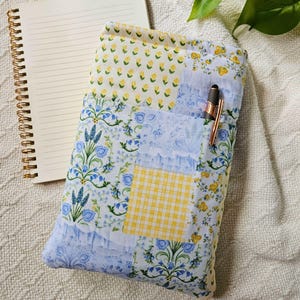 Blue and Yellow Patchwork Pocket Book Sleeve, Padded Protective Book Cover