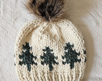Bonnet en tricot de laine mélangée Tree avec pompon amovible en fausse fourrure | Bonnet tricoté main