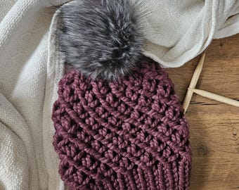 Women’s Wool Blend Knit Beanie with Removable Pom – Hand Knit Winter Hat, Cozy Cold Weather Accessory