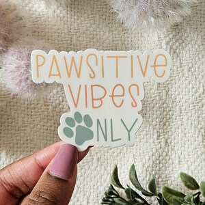 Könnte beinhalten: Ein weißer Aufkleber mit dem Text "Pawsitive Vibes Only" in Orange und Grün. Ein Pfotenabdruck befindet sich in der Mitte des Aufklebers.