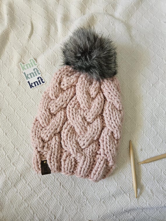 Faux Designer Cable Knit Beanie with Pom Pom Cable Knit Beanie | Maroon Wool Blend Hat With Faux Fur Pom  main image 2