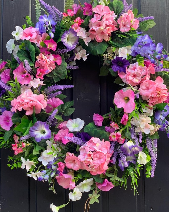 Summer Flower Door Wreath Artificial Flower Wreath Pink Faux Etsy