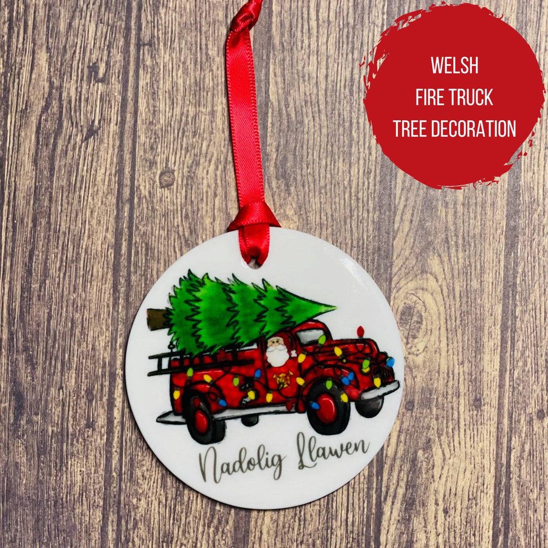 Fire Engine Christmas Tree Ornament, Nadolig Llawen Bauble, Red Fire