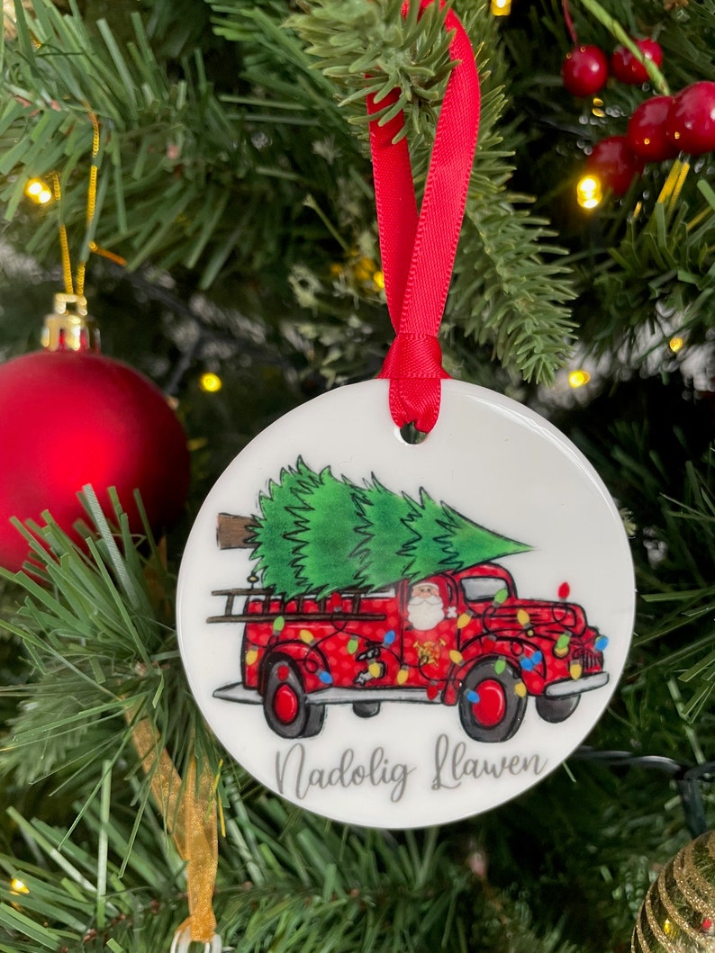 Fire Engine Christmas Tree Ornament, Nadolig Llawen Bauble, Red Fire