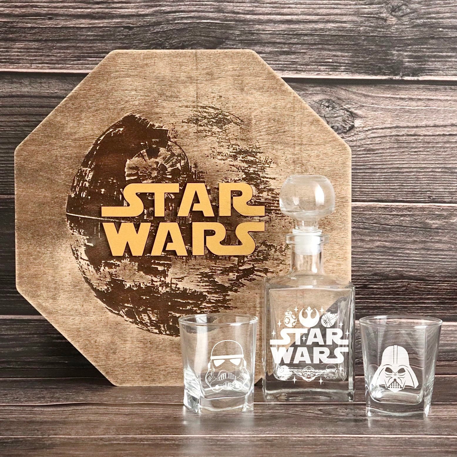 Star Wars Death Star Etched Two Bourbon Whiskey Rocks Glasses 8 oz each