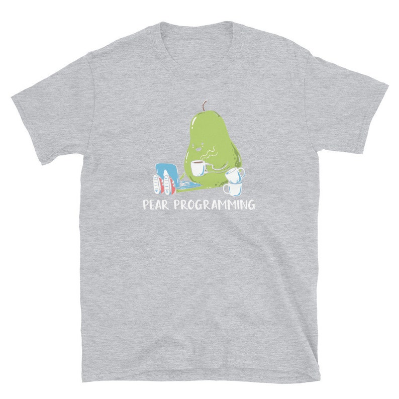 May include: A gray t-shirt with a green pear illustration holding a laptop and a cup of coffee. The text "PEAR PROGRAMMING" is printed below the pear.