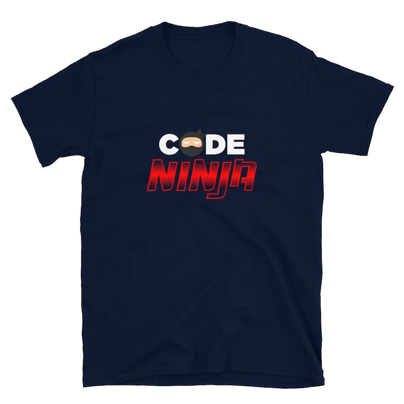 May include: A navy blue t-shirt with the text "CODE NINJA" in white and red letters. A cartoon ninja face is above the word "CODE".