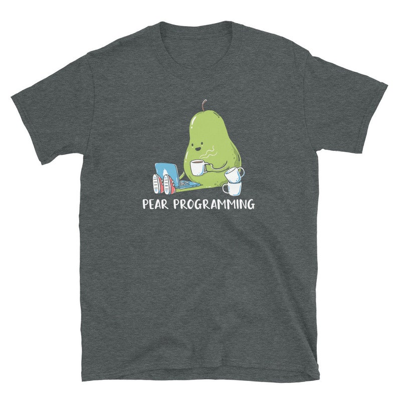 May include: A dark heather grey t-shirt with a pear-shaped cartoon character holding a laptop and a cup of coffee. The text "PEAR PROGRAMMING" is printed below the character.