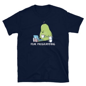 May include: A navy blue t-shirt with a cartoon pear wearing a pair of red shoes, sitting at a laptop and holding a cup of coffee. The text "PEAR PROGRAMMING" is printed below the pear.
