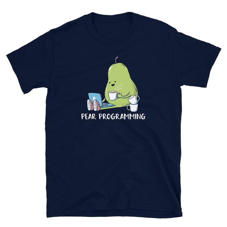 May include: A navy blue t-shirt with a cartoon pear wearing a pair of red shoes, sitting at a laptop and holding a cup of coffee. The text "PEAR PROGRAMMING" is printed below the pear.