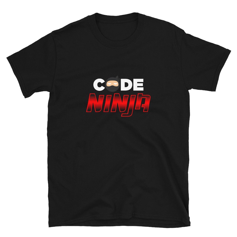 May include: Black short-sleeved t-shirt with the text "CODE NINJA" in white letters with a red gradient. A cartoon ninja face is above the word "CODE".