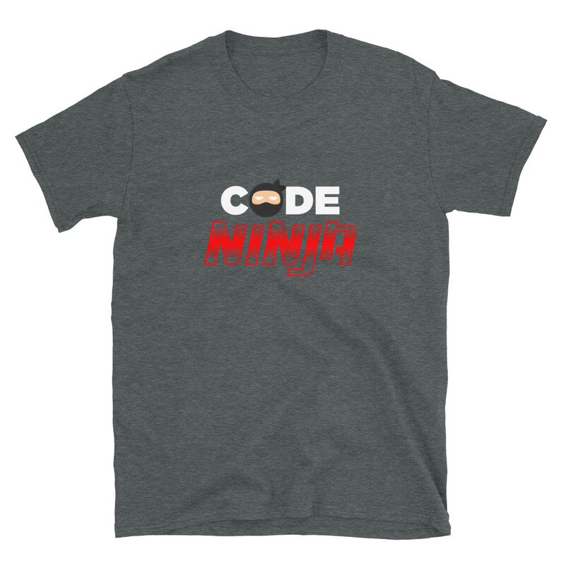 May include: A dark heather grey t-shirt with the text "CODE NINJA" in white letters with a red gradient. A cartoon ninja with a black mask is above the word "CODE".