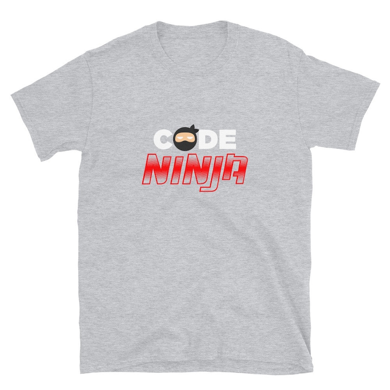 May include: A gray t-shirt with the text "CODE NINJA" in white and red letters. A cartoon ninja face is above the word "CODE".