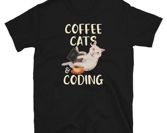 コーヒー猫とコーディング半袖ユニセックスTシャツ