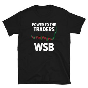 Könnte beinhalten: Schwarzes T-Shirt mit weißem Text, der "Power to the Traders" und "WSB" lautet, mit einem grün-roten Aktienchart-Grafik.