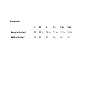 May include: A white size guide chart with black text. The chart lists shirt sizes S to 3XL, with corresponding length and width measurements in inches. Lengths range from 71.1 to 85.1 cm, and widths from 45.7 to 71.1 cm.