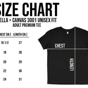 Pode incluir: T-shirt preto com tabela de tamanhos para Bella + Canvas 3001 Unisex Fit Adult Premium Tee. A tabela lista as medidas do peito e comprimento em polegadas para os tamanhos XS a XL. A camisa tem gola redonda.