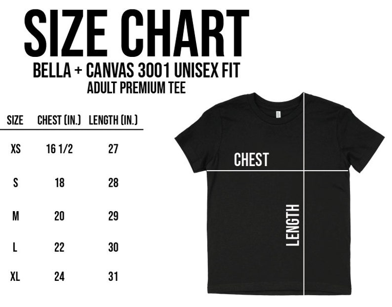 Pode incluir: T-shirt preto com tabela de tamanhos para Bella + Canvas 3001 Unisex Fit Adult Premium Tee. A tabela lista as medidas do peito e comprimento em polegadas para os tamanhos XS a XL. A camisa tem gola redonda.