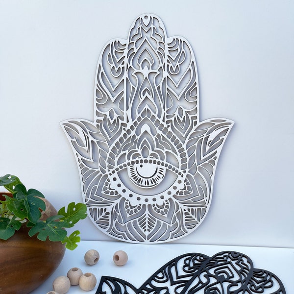 Hamsa Hand Wood Wall Decor Black and White, Hamsa Hand Wood Wall Art, Fatima Hand, Fatima Wall Decor, Laser Cut Hamsa,Wooden Hamsa - 40cm