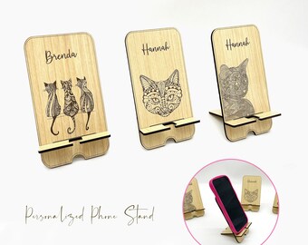 Personalized Phone Stand, Wood Phone Stand, , Mobile Phone Holder, Phone Stand For Desk - Cat Design, Customized Christmas Gift