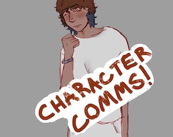 Op de afbeelding: Een digitale illustratie van een persoon met bruin haar en rode ogen die een wit shirt en een lichtblauwe polsband draagt. De tekst "CHARACTER COMMS!" staat in dikke, donkerrode, schuine letters over het onderste gedeelte van de afbeelding.