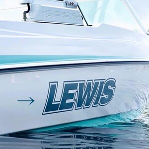 Könnte beinhalten: Ein weißes und türkisfarbenes Motorboot mit dem Namen "LEWIS" in dunkelblauen Buchstaben. Das Boot befindet sich auf dem Wasser, wobei das Wort "FLUIDCORE" oben sichtbar ist. Ein blauer Pfeil zeigt auf den Namen des Bootes.